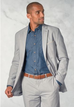 Tailored Fit Drewett Blue Striped Cotton Stretch Seersucker Jacket
