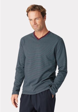 Embsay Long Sleeve Navy and Denim Blue Stripe V-Neck T-Shirt