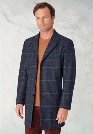 Haincliffe Blue Overcheck Tweed Wool Overcoat