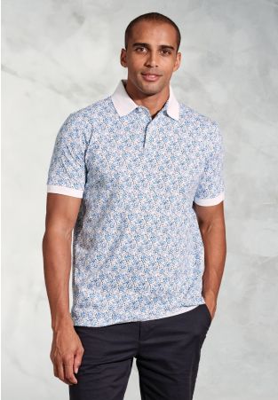 Hiddleston Blue Ditsy Floral Print Polo Shirt