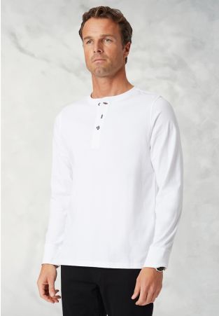 Holkham White Pure Cotton Long Sleeve Henley T-Shirt