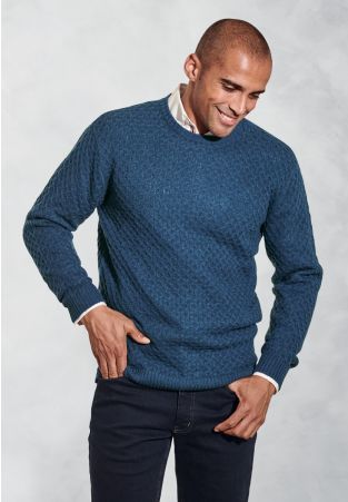 Lune Blue Lambswool Lattice Stitch Crew Neck Jumper