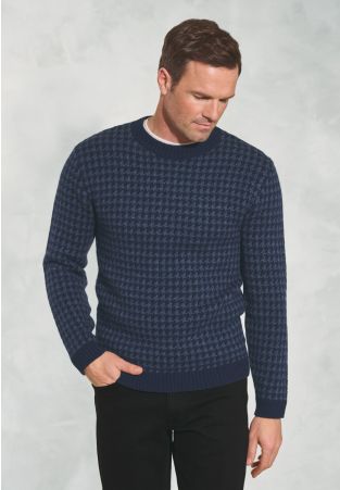 McSweeney Blue Houndstooth Lambswool Crew Neck Jumper