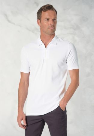 Newcombe Pure Cotton White Textured Zip Neck Polo Shirt