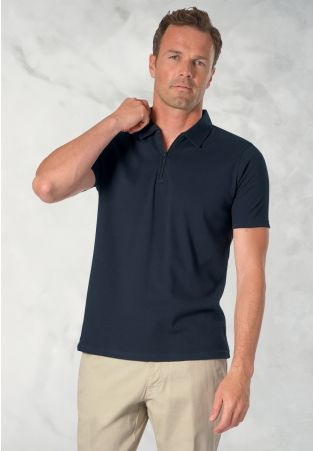Newcombe Pure Cotton Navy Textured Zip Neck Polo Shirt