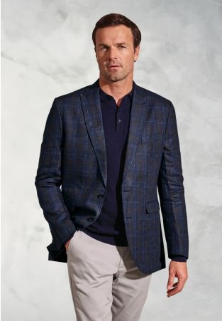 Tailored Fit Pacino Navy Check Pure Linen Peak Lapel Jacket