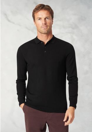 Plockton Black Merino Wool Long Sleeve Polo Shirt