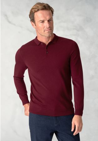 Plockton Wine Merino Wool Long Sleeve Polo Shirt