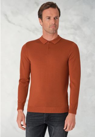 Plockton Burnt Orange Merino Wool Long Sleeve Polo Shirt