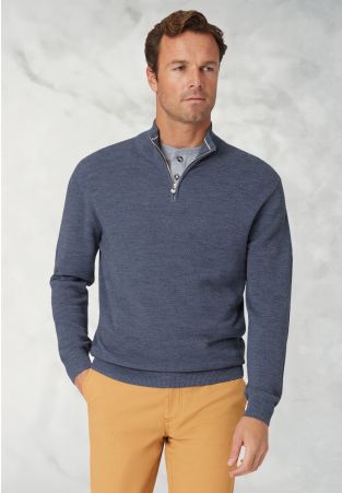 Ricky Denim Blue Pique Knit Zip Neck Jumper