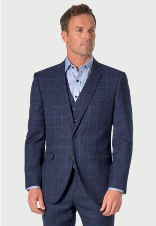 Tailored Fit Rivelin Blue Check Wool Rich Suit - Vest Optional