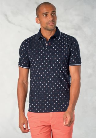Safin Pure Cotton Jersey Sail Boat Print Polo Shirt