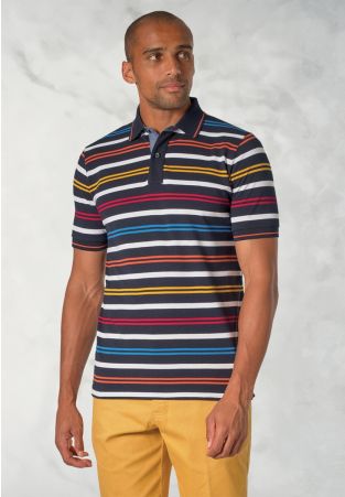 Sandham Pure Cotton Navy Stripe Pique Polo Shirt