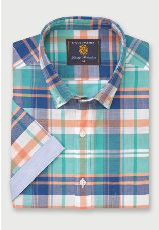 Regular Fit Mint Check Slub Cotton Short Sleeve Shirts