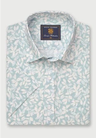 Regular Fit Mint Botanical Leaf Print Slub Cotton Short Sleeve Shirt