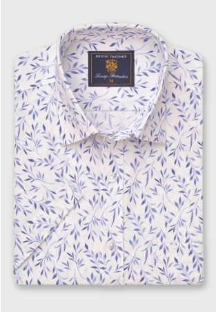 Regular Fit Blue Leaf Botanical Print Slub Cotton Short Sleeve Shirt