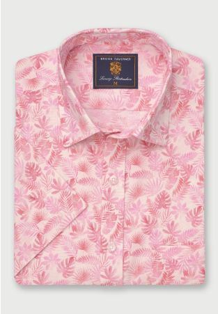 Regular Fit Pink Botanical Palm Print Slub Cotton Short Sleeve Shirt