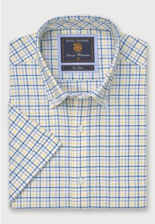 Regular Fit Lemon Tattersall Check Oxford Cotton Short Sleeve Shirt
