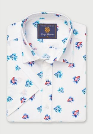 Regular Fit Aqua Tropical Fish Print Short Sleeve Shirt