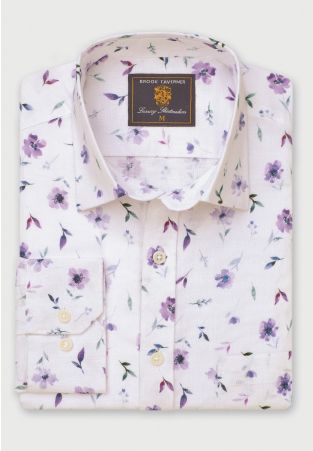 Regular Fit Lilac Poppy Watercolour Linen Cotton Shirt