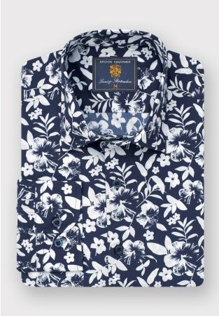 Regular Fit Navy Floral Silhouette Cotton Shirt