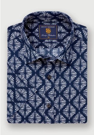 Regular Fit Navy Geometric Print Seersucker Short Sleeve Shirt