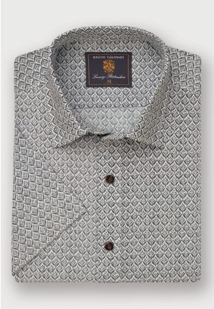 Regular Fit Khaki Geometric Print Seersucker Short Sleeve Shirt