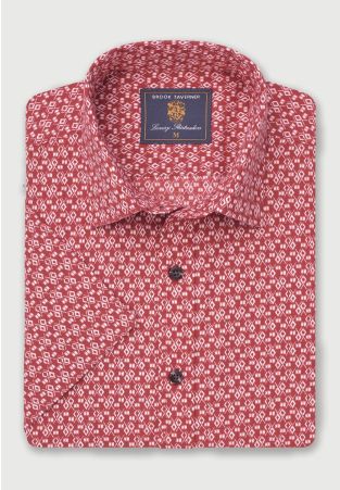Regular Fit Wine Geometric Print Slub Cotton Short Sleeve Shirt