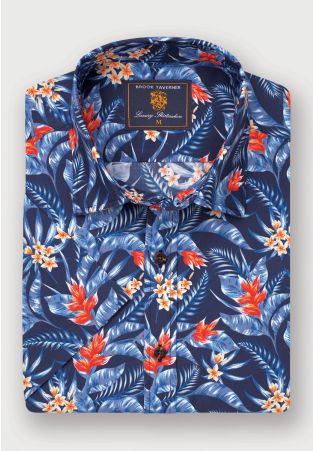 Regular Fit Navy Bird of Paradise Tropical Print Short Sleeve Shirt