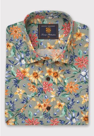 Regular Fit Sage Retro Tropical Print Short Sleeve Shirt
