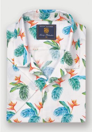 Regular Fit White Watercolour Tropical Revere Collar Short Sleeve Shirt