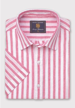 Regular Fit Magenta Stripe Pure Linen Short Sleeve Shirt
