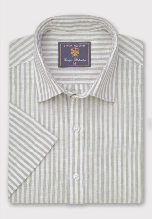 Regular Fit Khaki Stripe Pure Linen Short Sleeve Shirt