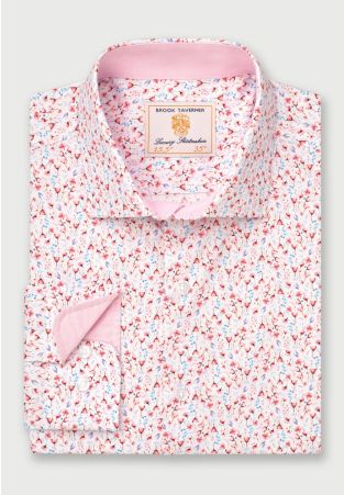 Tailored Fit Pink Ditsy Floral Print Stretch Cotton Shirt