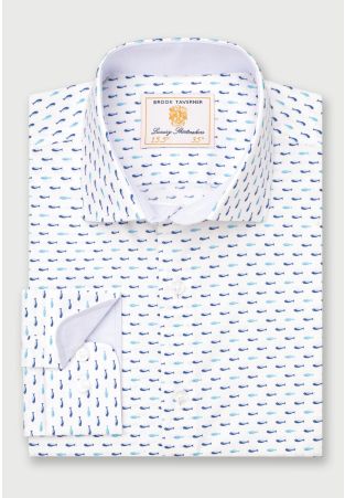 Tailored Fit Turquoise Tiny Fish Print Stretch Cotton Shirt