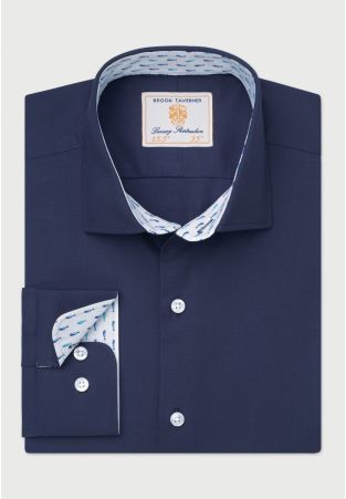Tailored Fit Navy Herringbone Stretch Cotton Shirt