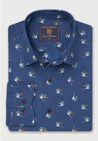 Regular Fit Navy Swallow Print Cotton Shirt