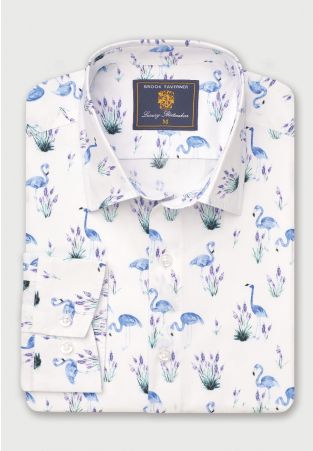 Regular Fit White Flamingo Print Cotton Shirt