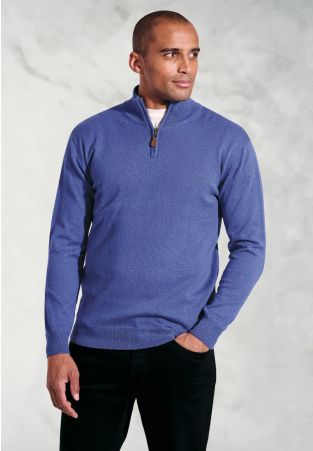 Sussex Electric Blue Cotton Merino Zip Neck Jumper