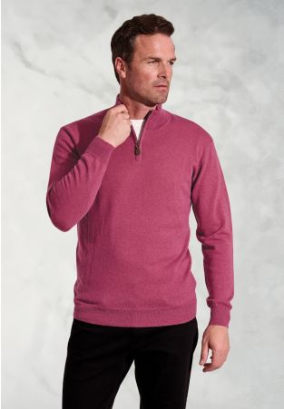 Sussex Raspberry Cotton Merino Zip Neck Jumper