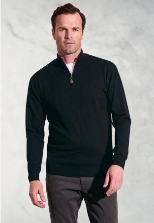 Sussex Black Cotton Merino Zip Neck Jumper