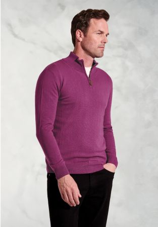 Sussex Plum Cotton Merino Zip Neck Jumper