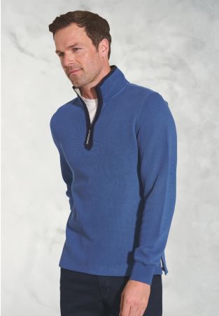 Turner Blue Fine Rib Cotton Zip Neck Sweatshirt