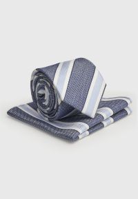 Blue Striped Silk Blend Tie and Hanky Set