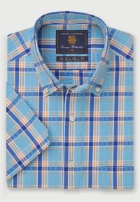 Regular Fit Turquoise Check Seersucker Short Sleeve Cotton Shirt