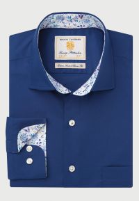 Regular Fit Navy Herringbone Cotton Stretch Shirt