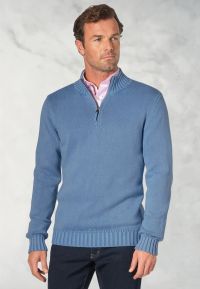Edmonds Blue Washed Cotton Zip Neck Jumper