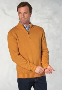Edmonds Mustard Washed Cotton Zip Neck Jumper