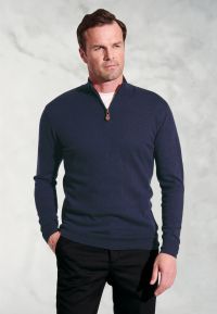 Sussex Navy Cotton Merino Zip Neck Jumper