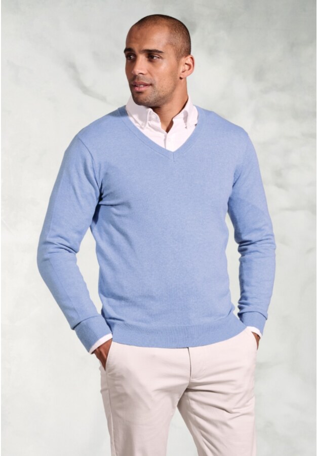 Berlin Sky Blue Cotton Merino V-Neck Jumper